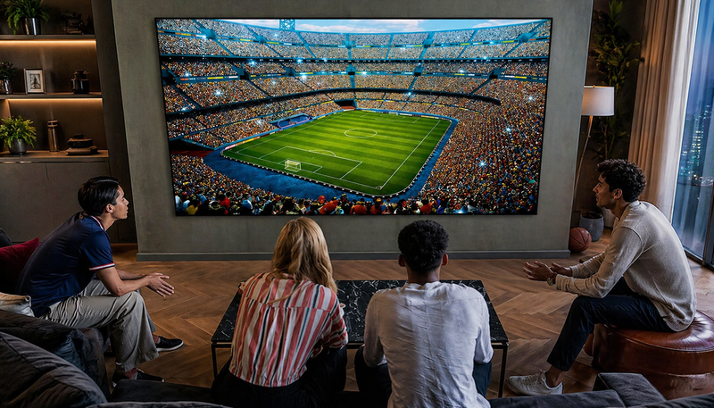 Four people watching a soccer match on a large TV screen in a living room.